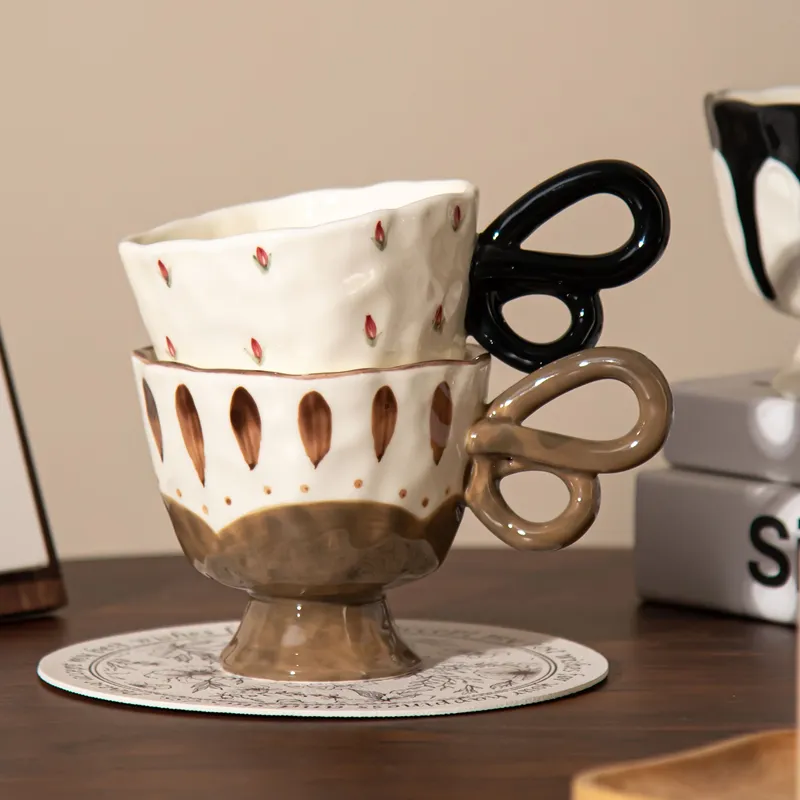 Nordic Ins Hand Painted Ceramic Mug with Butterfly Handle Handgrip Pattern for Tea Milk for Presents