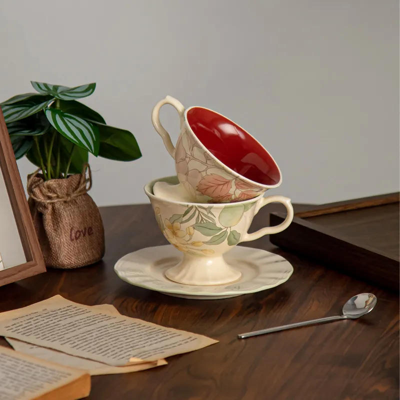 Vintage Hand Painted Ceramic Coffee Cup with Saucer Retro Floral Porcelain Tea Cup