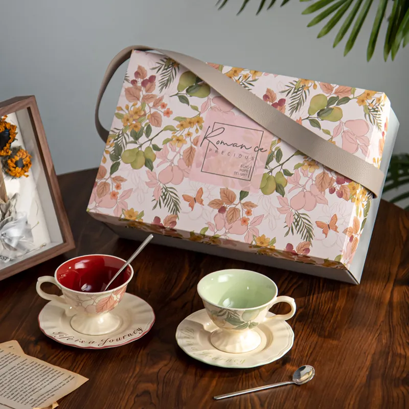 Wholesale Ceramic Coffee Cup Set for 2 Classic Floral Design with Gift Box