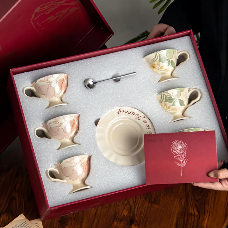 6-Pack Retro Floral Ceramic Cup Set with Saucers