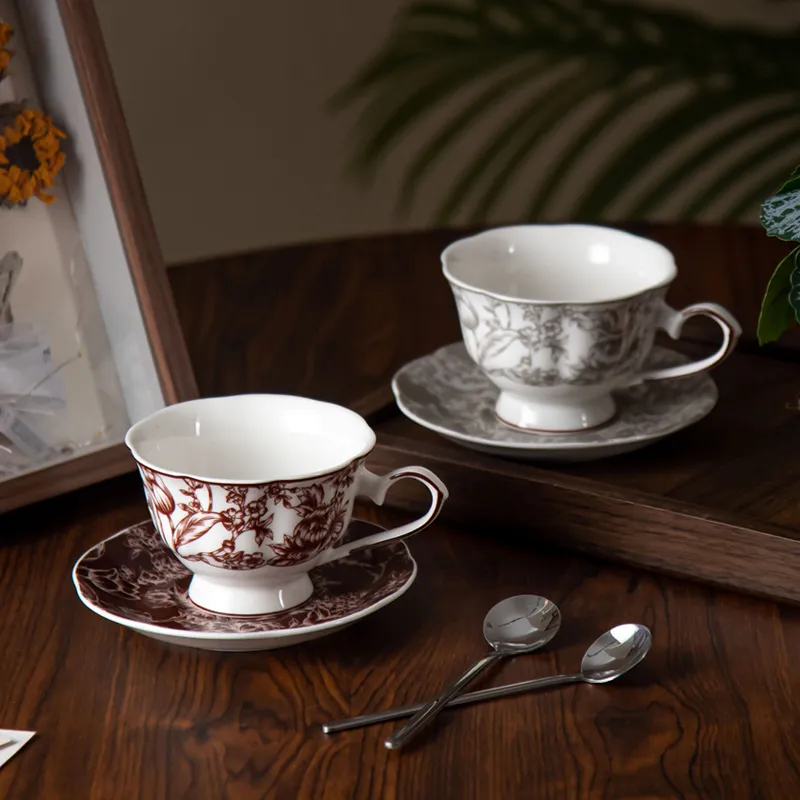 Elegant Porcelain Coffee Cup and Saucer Set with Classic Floral Pattern