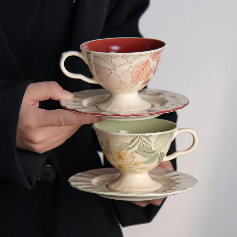 Vintage Hand-Painted Porcelain Coffee Cup and Saucer Set with Bird & Floral Pattern
