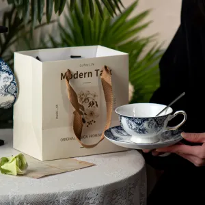 Luxury Blue White Floral Porcelain Tea Cup and Saucer Set with Gold Handle