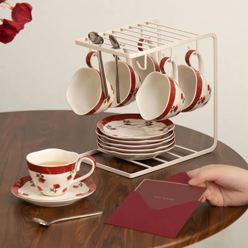 Red Ceramic Cup and Saucer Set | Wedding Gift Coffee Cups