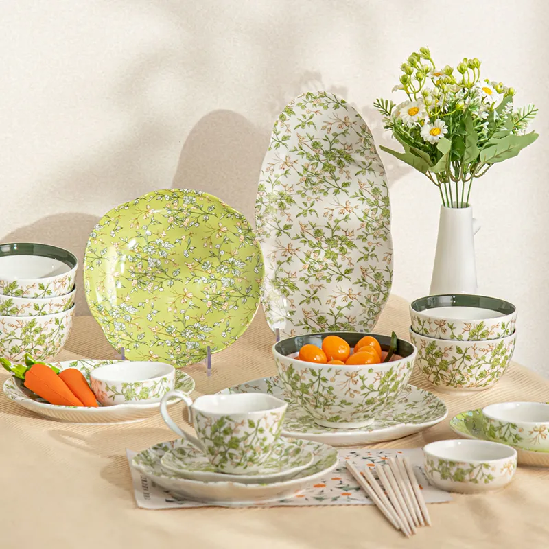 Botanical Garden Ceramic Tableware Collection Hand-Printed Flower Design Dinner Set for 4
