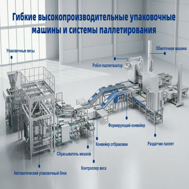 High‑Efficiency Fully Automatic Bagging, Case Packing and Palletizing Line for Factory Packaging