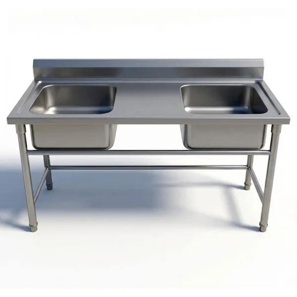 Double Compartment Sink with Middle Drainboard for Commercial Kitchen