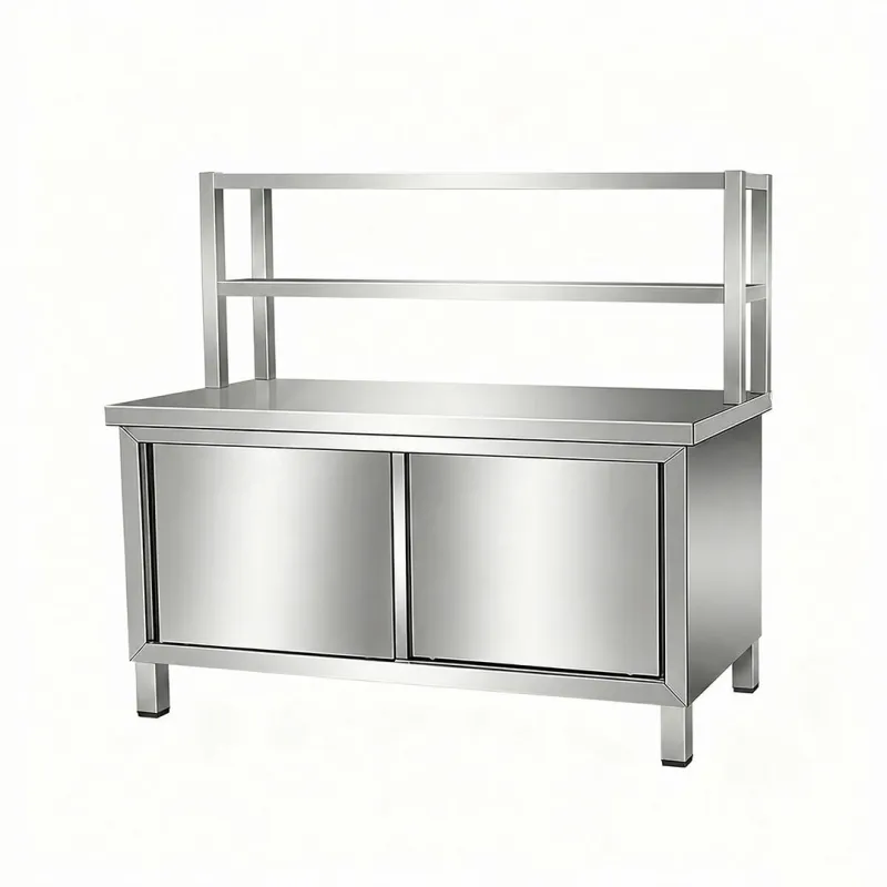 Professional Kitchen Worktable with Sliding Door and Top Shelving
