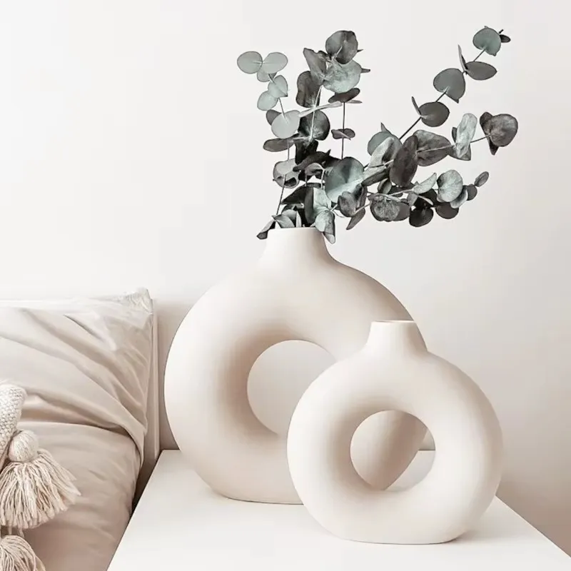 Home Decoration Luxury Round Ring Donut Vase Nordic Art Vase Creative Ceramic Decoration Modern Wedding Ceramic Vase Set（D0001-0001）