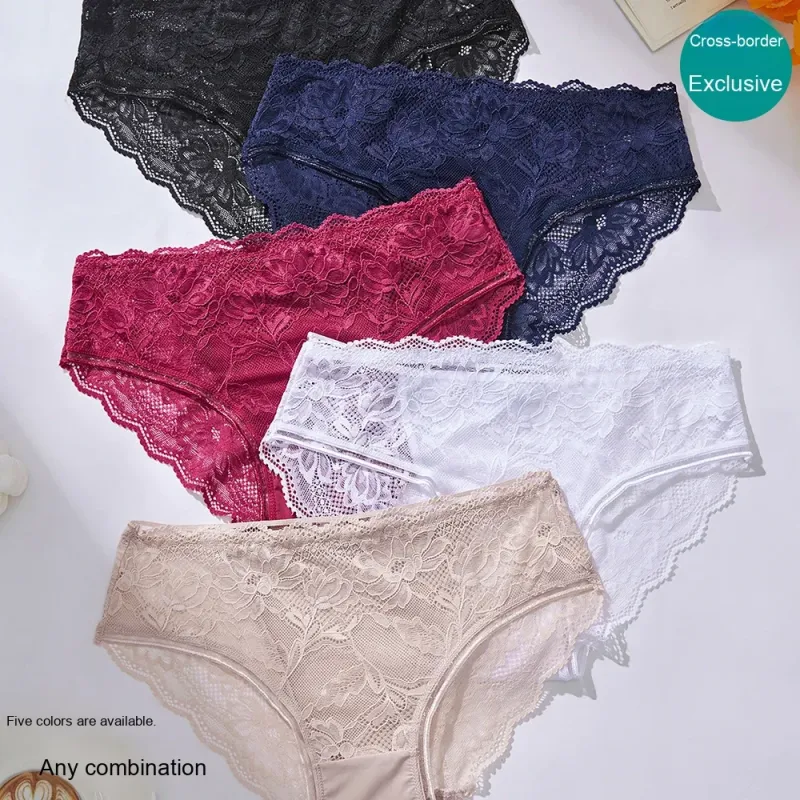 European American Women's Sexy Knitted Lace Bikini Panties Low-Rise Discreet Mesh See-Through Breathable Thin Solid Waist Nylon