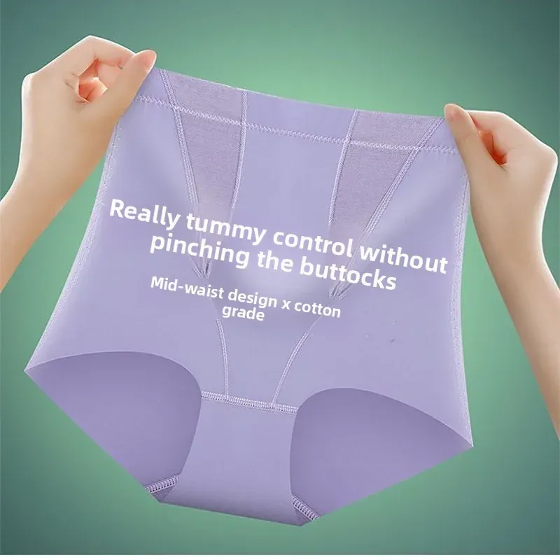 Women's Mid-High Waist Tummy Control Panties Postpartum Plus-Size Shapewear Everyday Style Energy Stones Silk Material Thin