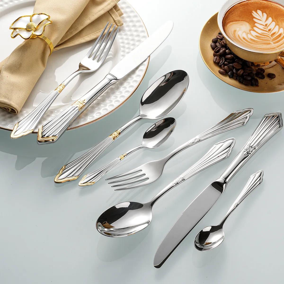 304 Stainless Steel High-End Hotel Western Restaurant Boutique Western Dining Utensils Partial Gold-Plated Dinner Knife, Dinner Spoon, Dinner Fork, Tea Spoon, Fork（A0002-0003）