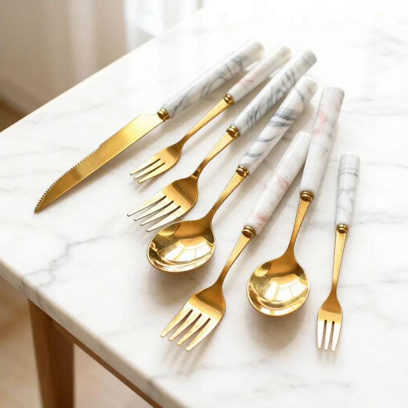European-Style Marble Steak Knife and Fork Set, Home Use Fork, Spoon, Coffee Spoon, Stainless Steel Western-Style Dining Utensils（A0001）