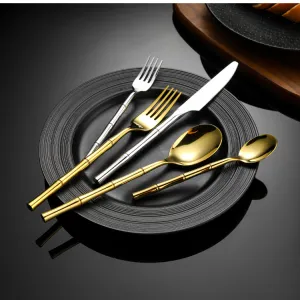 304 Stainless Steel Retro Bamboo Handle Knife Fork Spoon Home Use Western Dining Set Light Luxury High Appearance Western Dining Set（A0003-0003）