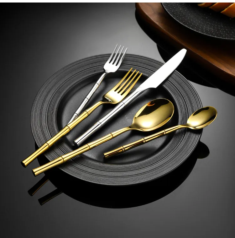 304 Stainless Steel Retro Bamboo Handle Knife Fork Spoon Home Use Western Dining Set Light Luxury High Appearance Western Dining Set（A0003-0003）