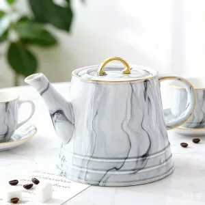 Elegant Modern Luxurious Unique Shape Coffee And Tea Set With Gold Edge Marble Style Ceramic Custom Logo Eco-Friendly Wedding Utensils（C0002-0005）