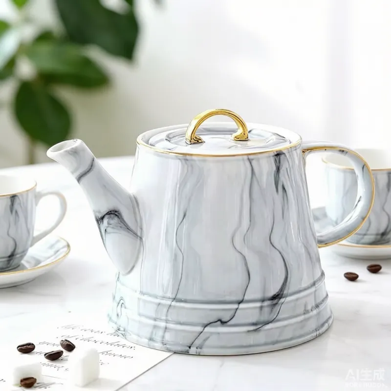 Elegant Modern Luxurious Unique Shape Coffee And Tea Set With Gold Edge Marble Style Ceramic Custom Logo Eco-Friendly Wedding Utensils（C0002-0005）
