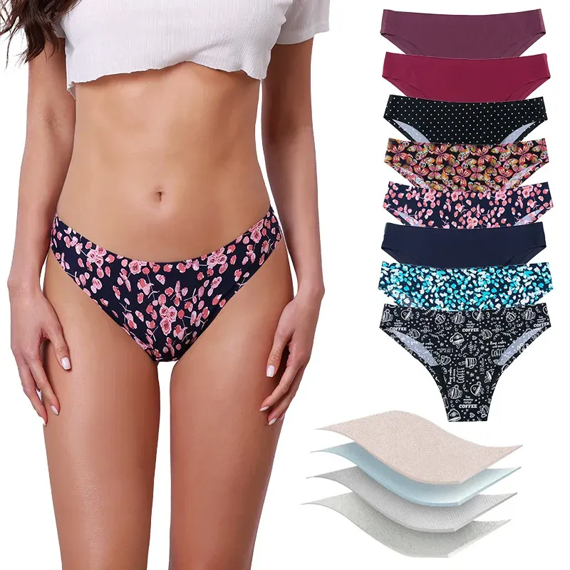 Factory Wholesale Traceless 4 Layer Leak Proof Sanitary Pants Print Ice Silk Bikini Panties Women's Seamless Period Panties