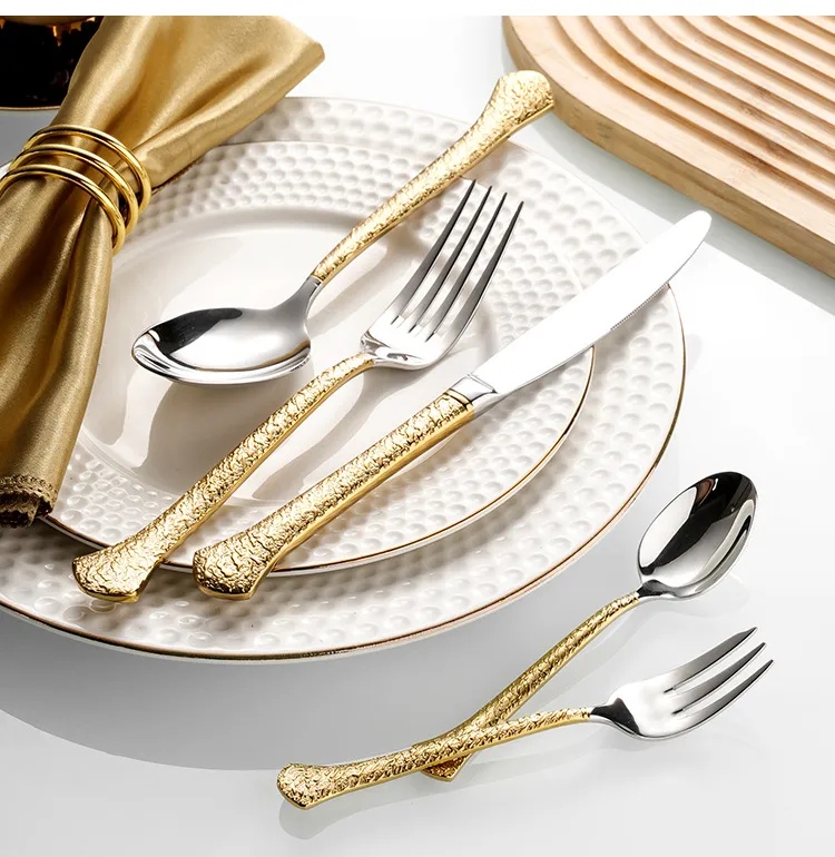 High-End Hotel Restaurant Western Utensils 304 Stainless Steel Gold Embossed Rock Plate Knife Fork Spoon Tea Spoon Tea Fork（A0002-0001）