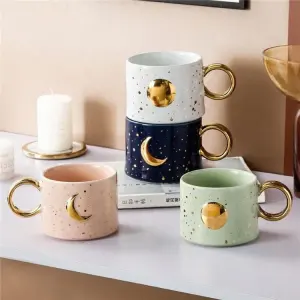Luxurious Gold Embossed Logo Creative 420ml Ceramic Coffee Cup With Ring Handle Porcelain Cup（C0002-0004）