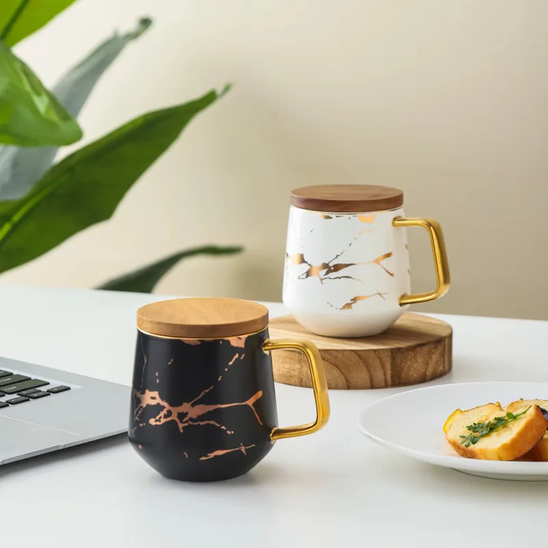 Custom Beautiful Handmade Marble Coffee Ceramic Cup With Wooden Lid And Large Handle（C0002-0003）