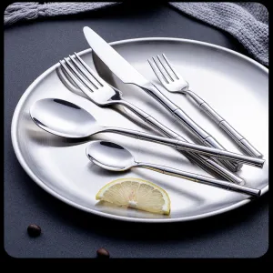 304 Stainless Steel Western Dining Set with High-End Appearance Bamboo Handle Knife, Fork, Spoon, Steak Knife, Fork Set of Five（A0003-0001）