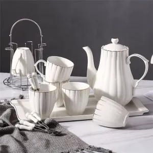 Luxury Gold-Rimmed Porcelain Pure White Ceramic Eco-Friendly Coffee Cup 6-Piece Set Turkish Tea Pot Set Drinking Utensils（C0002-0002）