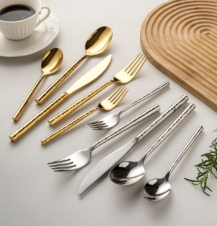 304 Stainless Steel High-End Hammer-Textured Western Tableware Knife Fork Spoon Set Dessert Spoon Fork Gift Box Set（A0003-0002）
