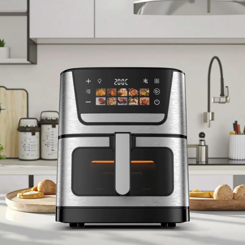 8L Digital Air Fryer with Viewing Window Stainless Steel Electric Air Fryer with Digital Control Screen Large Capacity Air Fryer for Home Kitchen（B0011-0002）