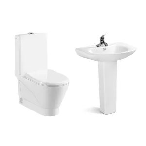 Two Piece Ceramic Toilet and Pedestal Wash Basin Set Washdown Water Closet for Ethiopia Africa Middle East Hotel Apartment（E0005-0002）