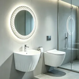 Wall Mounted Bathroom Sink &ndash; White Porcelain Fluted Wall Hung Basin with Single Hole Faucet(E0004-0001)