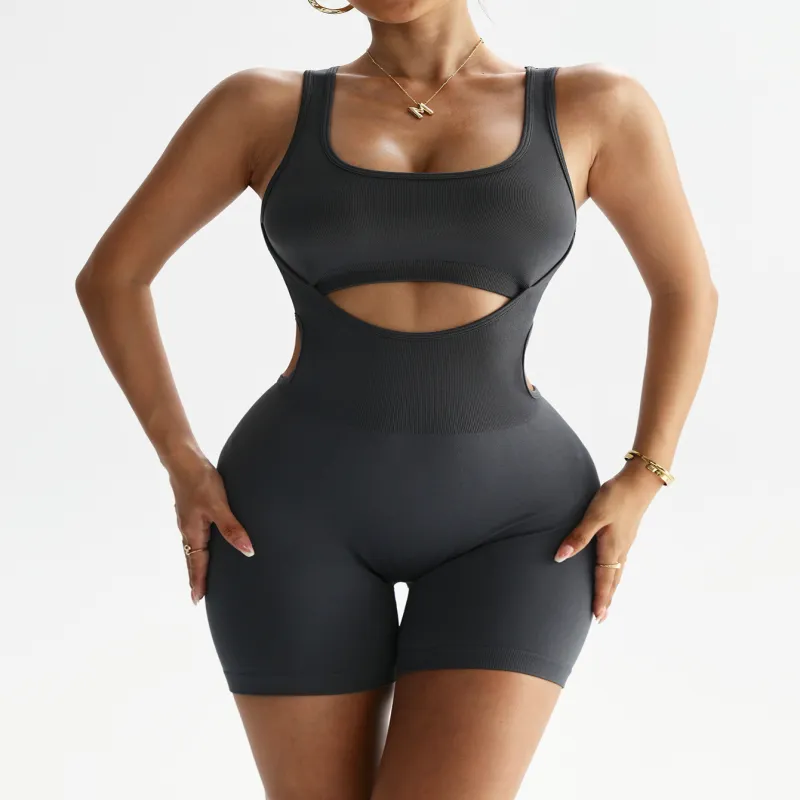 Custom Seamless Yoga Jumpsuit for Women Backless Scrunch Butt Romper Short Sleeve Gym Workout Bodysuit Push Up Activewear Set（K0002-0003）