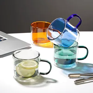 Custom Double Wall Borosilicate Glass Coffee Cup with Handle Heat Resistant Colored Glass Mug for Hot and Cold Drinks Reusable Drinkware(C0004-0003)