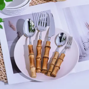 304 Stainless Steel Reusable Cutlery Set with Bamboo Style Handle Eco Friendly Flatware Set Spoon Fork Knife Utensils Sustainable Kitchen Tableware（A0004-0002）