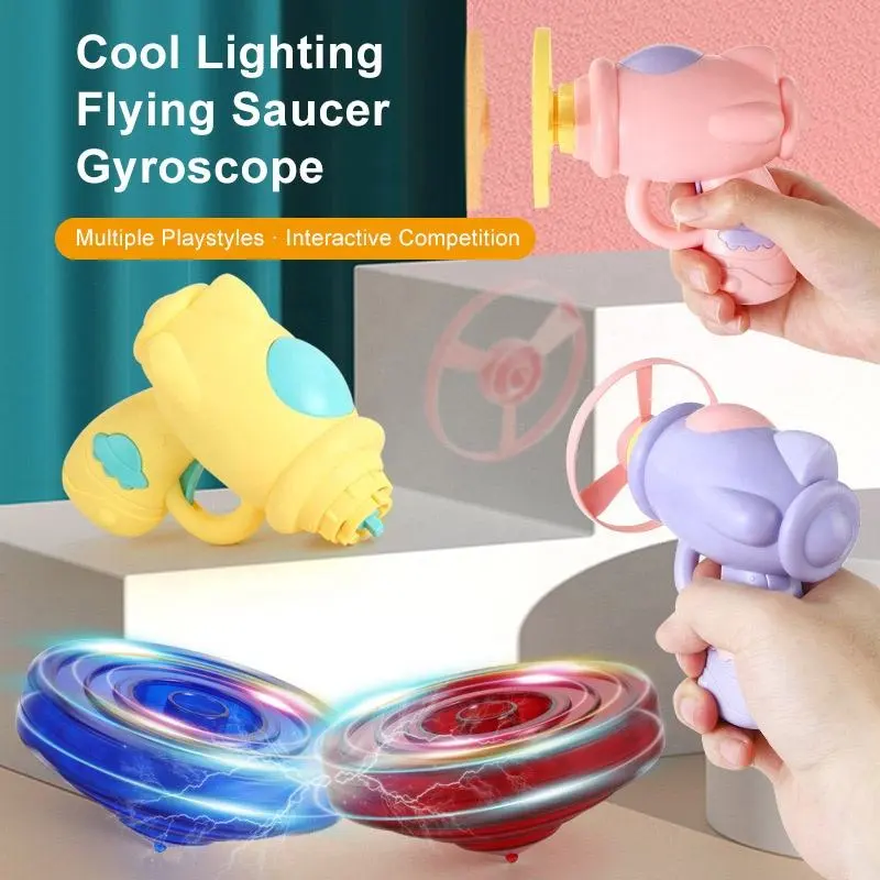 Kids LED Flying Disc Launcher Gun Toy Glow Helicopter Spinner & Shooting Top Set Outdoor Night Light Up Toy for Children Spinning Flying Saucer Toy（Q0007-0001）