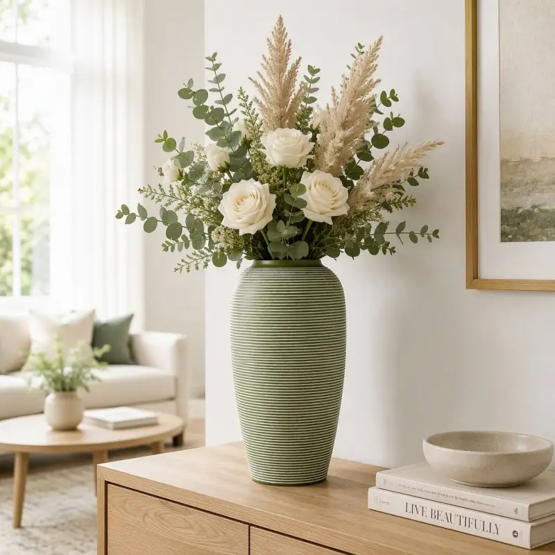 Modern Striped Ceramic Garden Vase, Pedestal Tabletop Flower Vase for Home & Garden Decor, Eco-Friendly Decoration with Custom Logo（D0004-0003）