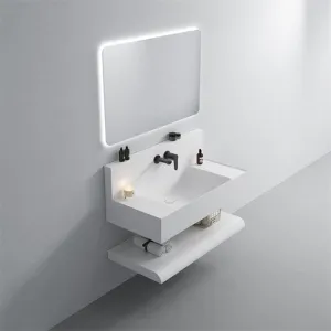 Luxury Artificial Stone Wall Hung Bathroom Vanity Set Double Layer Storage with LED Mirror Easy Clean for Hotel（E0005-0006）