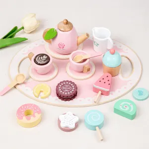 Montessori Wooden Tea Party Set for Kids Pretend Play Kitchen Toy with Dessert Tray Role Play Afternoon Tea Set for Girls Educational Wooden Toy Gift(P0004-0001)