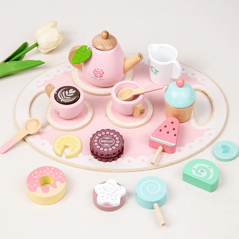 Montessori Wooden Tea Party Set for Kids Pretend Play Kitchen Toy with Dessert Tray Role Play Afternoon Tea Set for Girls Educational Wooden Toy Gift(P0004-0001)