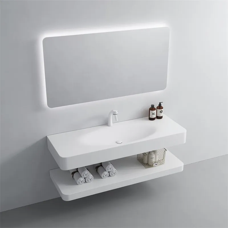 Luxurious Artificial Stone Wall Mounted Bathroom Vanity Double Storage with Frameless LED Smart Mirror for Villa（E0005-0009）