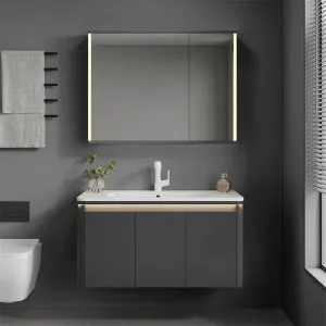 Modern Luxury Black Solid Wood Wall Mounted Bathroom Vanity with Rock Slab Basin Hanging Cabinet for Apartment（E0005-0004）