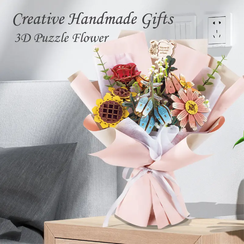3D Wooden Flower Puzzle Kit DIY Wooden Flower Model Building Set Creative Wooden Construction Toy Home Decor Craft Gift(S0003-0001)