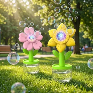 Kids Flower Bubble Machine with Lights Electric Automatic Bubble Blower Toy USB Rechargeable Outdoor Summer Bubble Maker for Party, Birthday Gift Toddler Kids Toy(Q0003-0002)