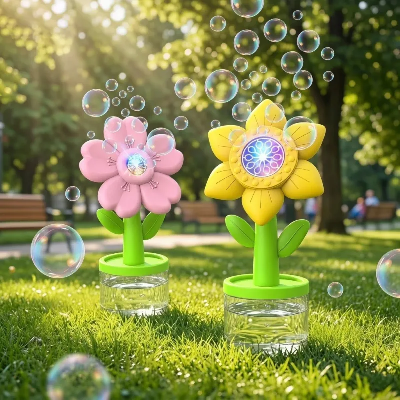 Kids Flower Bubble Machine with Lights Electric Automatic Bubble Blower Toy USB Rechargeable Outdoor Summer Bubble Maker for Party, Birthday Gift Toddler Kids Toy(Q0003-0002)