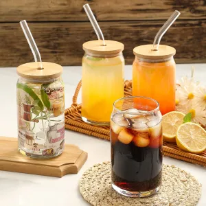 16 oz 18 oz Glass Tumbler with Bamboo Lid and Glass Straw Glass Can Cup for Beer Iced Coffee Water and Cold Drinks Reusable Drinking Cup（C0005-0001）