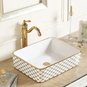 Luxury Gold Honeycomb Ceramic Art Basin Rectangle Countertop Sink Golden Rim for Hotel Villa（E0006-0006）