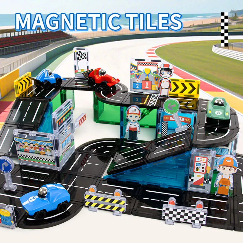 Magnetic Building Blocks Road Track Set with Cars for Kids DIY Magnet Tiles Construction Toy Traffic Road Play Set Educational STEM Toy for Toddlers(P0002-0002)