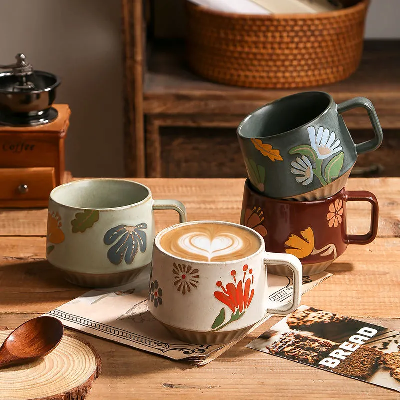 Vintage Hand Painted Floral Ceramic Mug Nordic Rustic Speckled Pottery Coffee Cup with Custom Logo Unique Ceramic Mug Gift for Women&rsquo;s Birthday(C0006-0002)