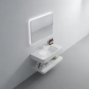 New Arrival Oval Artificial Stone Bathroom Vanity Double Layer Wall Mounted Floating Cabinet with LED Smart Mirror（E0005-0005）