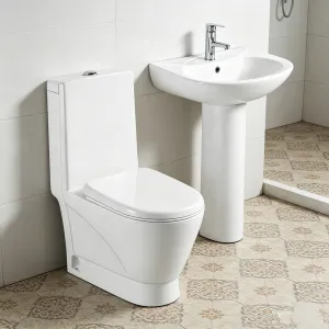 Wholesale Ceramic One Piece Toilet and Pedestal Basin Set Siphonic Flush White Bathroom Suite for Hotel Apartment Projects（E0005-0001）